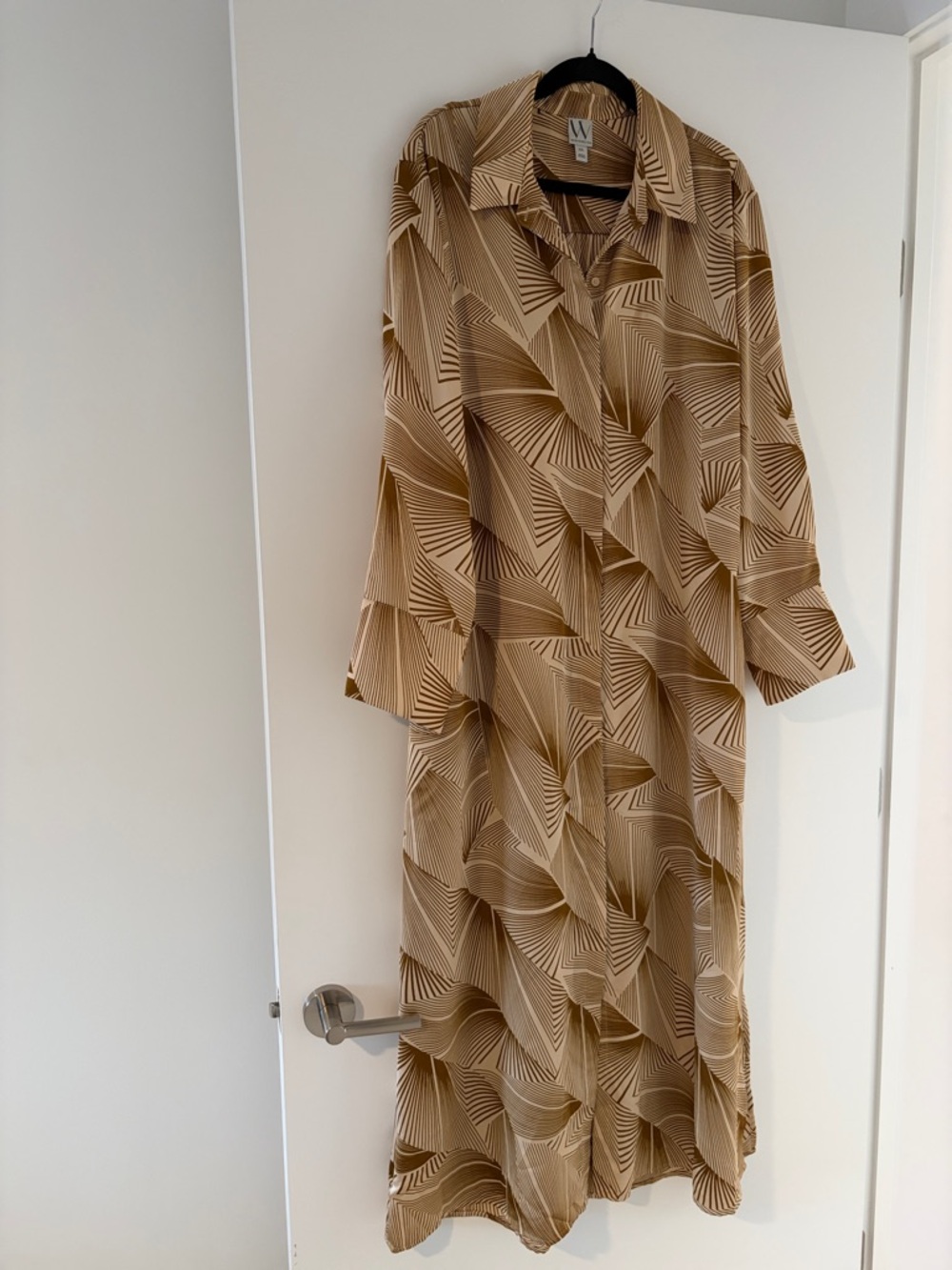 W by Worth Tan & Beige Geometric Long Sleeve Shirt Dress